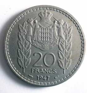 1947 MONACO 20 FRANCS - AU - HIGH QUALITY Low Mintage COIN - Lot #A20 - Picture 1 of 2