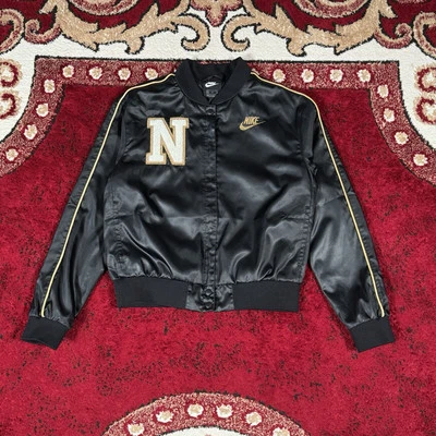 Nike Girl's Black Satin Varsity Bomber Full Zip Jacket Size XL Embroidered - Image 1 of 4