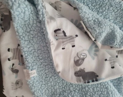 Blankets Beyond Blanket Gray Animals Sloth Zebra Giraffe Hippo Blue Sherpa 30" - Image 1 of 4