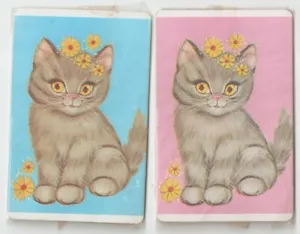 VINTAGE SWAP CARDS CATS KITTENS 1970 PLAYING CARDS CUTE SKETCH PINK BLUE FLOWER - Picture 1 of 2