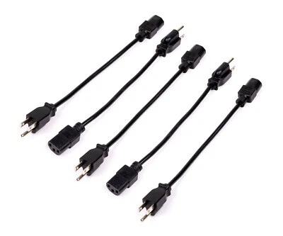 5pk Short 3-Conductor PC Power Cord, 1Feet, 18AWG, NEMA 5-15p to IEC C13 Cable - Image 1 of 2