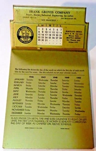CALENDARIO pubblicitario metallo Seattle Portland San Francisco FRANK GROVES CO 1946 - 1950 vintage - Foto 1 di 4