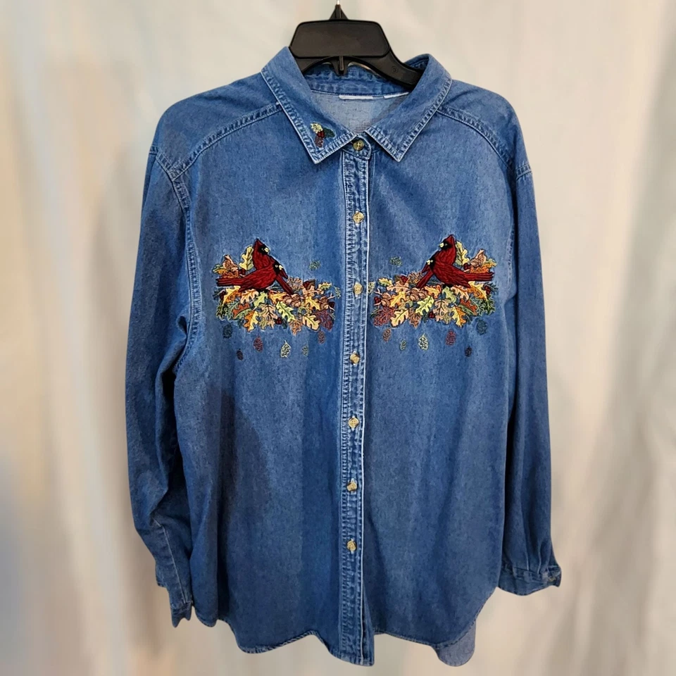 Camisa vaquera vintage para mujer años 90 Y2K bordada pájaro otoño chaqueta cardinal XXL 1X Foto 1 de 4