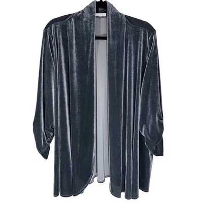 Cárdigan Susan Graver Terciopelo Gris Frente Abierto Elástico Mangas Acanaladas Para Mujer’s 2X Foto 1 de 4