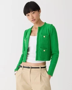J. Crew Kelly Green Boucle Gold Button Cropped Odette Sweater Lady Jacket Preppy - Picture 1 of 8