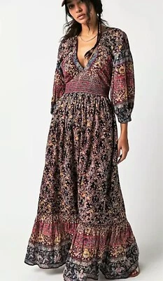 FREE PEOPLE Golden Hour Border Maxi Dress, Multi Black Red Combo. Small RRP £158