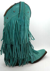Teal TANNER MARK Suede Leather Western Square Toe Boot TRIPLE FRINDGE Size 8