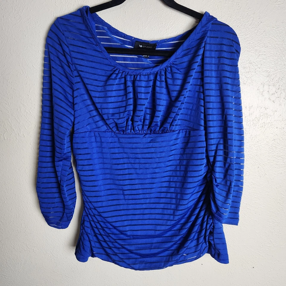 AB Studio Womens Top Lg  Shirt  Blouse Peasant Burnout Stripe Puff Sleeve  - Изображение 1 из 4