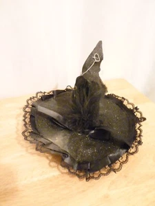 Black Mini Witch Hat With Feathers to put on Headband - Picture 1 of 8