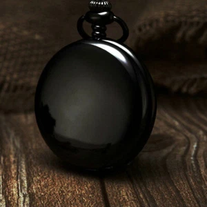 Retro Black Smooth Case Men Women Quartz Pocket Watch Pendent Chain Xmas Gift - Picture 1 of 10