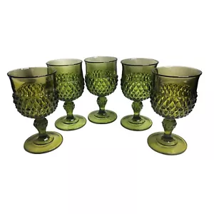 Vintage Indiana Glass Avocado Green Diamond Point Stemmed Water Goblets Lot of 5 - Picture 1 of 9