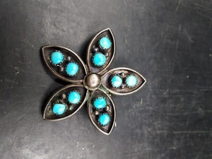 Vintage Silver And Turquoise Zuni Brooch/Pendant Flower Shape - Picture 1 of 6