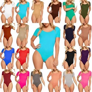 Womens Ladies Casual Scoop Neck Short Sleeve Stretch Plain Bodysuit Leotard Top - Picture 1 of 10