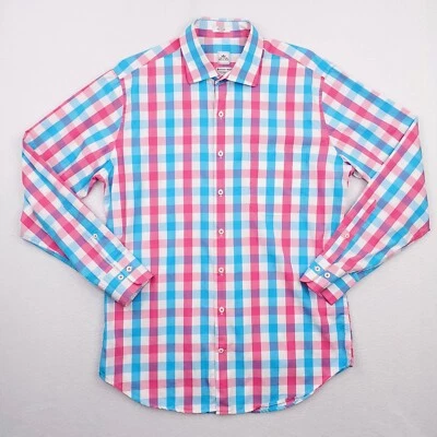 Peter Millar Shirt Mens Medium Blue PInk Gingham Check Plaid Weekender Wash - Image 1 of 4