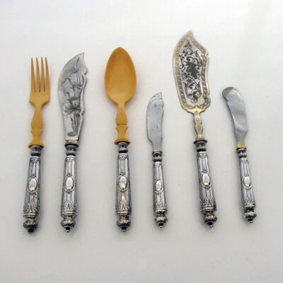 Juego de cubiertos para servir de plata 800 austriacos ornamentados hojas grabadas años 1900 Foto 1 de 4