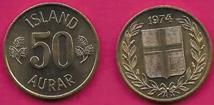 ICELAND 50 AURAR 1974 UNC LEAVES FLANK DENOMINATION,ARMS WITHIN WREATH - Picture 1 of 1