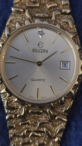 Elgin Herren Quarzuhr mit Datum goldfarbenes Band funktioniert Japan - Bild 1 von 6