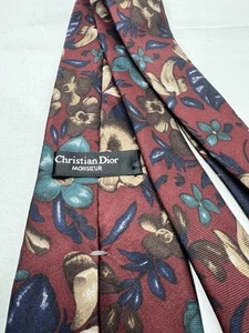 Christian Dior Italy All Silk Fabric Woven Tie Made in USA Maroon Floral Pattern - Picture 1 of 9