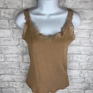GAP Ribbed Tank Top Lace Trim Y2K Vintage Camel Tan Size Medium Casual Layering - Picture 1 of 12