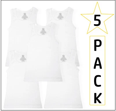 BOYS 5 PACK VESTS WHITE 100% COTTON SLEEVELESS RIBBED KNIT 10 12 14 16 YEARS NEW - Image 1 of 3