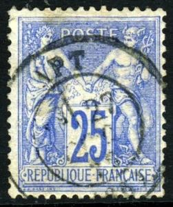 FRANCE 1876 25c. Ultramarine Peace & Commerce N under U SG 234 VFU - Picture 1 of 2