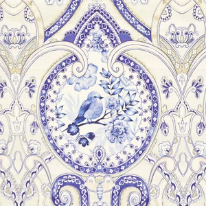 Victorian Songbird Blue Fabric 150cm 100% Cotton Print Curtain Blinds Per Metre - Picture 1 of 6