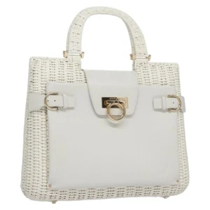 Salvatore Ferragamo Gancini Hand Bag Wicker White Auth 111468 - Picture 1 of 24