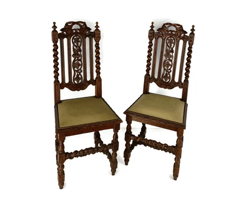 Pair Antique  Hand carved Wooden Parlor Chairs  Ornate Gorgeous Hobnails faux le Cover