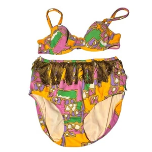 Vintage Bikini Two Piece Swimsuit Psychedelic 60s Hippy 70s Fringe 32C Large - Picture 1 of 12