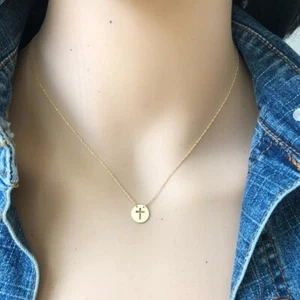 14K Solid Gold Mini Disc Cut Out Cross Dainty Necklace - Minimalist-Yellow/white - Picture 1 of 11