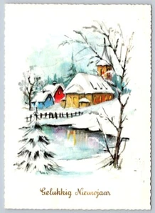 Gelukkig Nieuwjaar, escena de iglesia nevada, postal de Año Nuevo holandés 1969 - Imagen 1 de 2