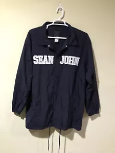 SEAN JOHN NAVY NYLON SNAP BUTTON WINDBREAKER JACKET XL POCKETS LARGE LOGO S6 - Picture 1 of 6