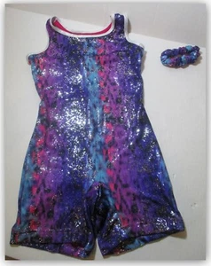 Danskin Now Girl M 7-8 Body Suit Colorful Glitter Tank & Shorts Look w Scrunchie - Picture 1 of 3