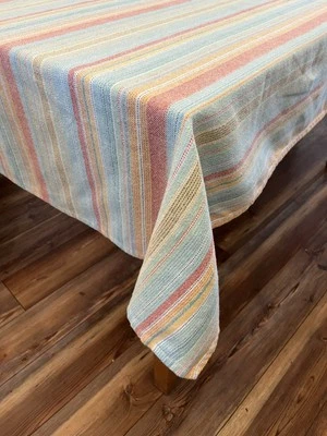 Striped Tablecloth Yellow Blue Orange 44 x68 Food Network Cotton/Poly No stains  - Image 1 of 4