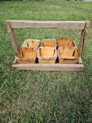 Vintage Hand Carved Strawberry Picking Basket, caddy & Six  1 Qt Wooden Baskets - Image 1 of 4