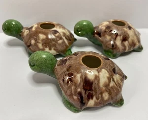 4 Vintage 1970s Green Speckled Turtle Ceramic Macrame Craft Beads Drip Glaze - Picture 1 of 9