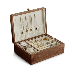 Black Walnut Solid Wooden Jewelry Box for Women, 2 Layer Classical Organizer ... - Bild 1 von 6