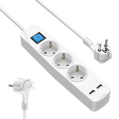 REDSTAR24 3m Steckdosenleiste mit USB 3 Fach 3er Verlängerungskabel Flachstecker Weiß
