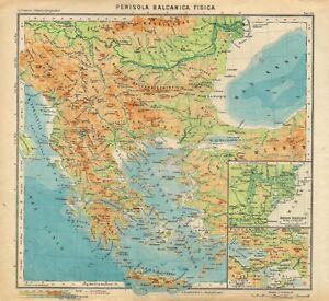 Carta geografica antica PENISOLA BALCANICA Grecia Paravia 1941 Old Antique map