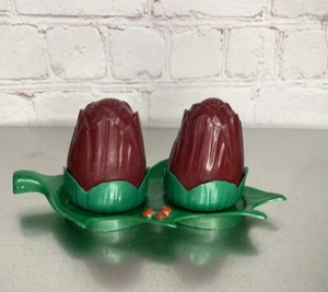 Salero y pimentero vintage Tulip MCM verde borgoña con carrito de hojas - Imagen 1 de 8