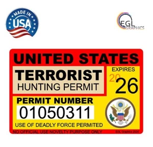 USA Terrorist Hunting License Sticker Permit Funny Decal Bumper Jdm Isis Terror - Picture 1 of 3