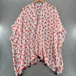 Cato Top Womens One Size Red Cherry Print Shawl Open Kimono Tasseled 3/4 Sleeve - Picture 1 of 9