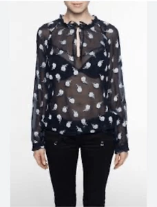 Rag & Bone Womens Small Bennett Silk Blouse Blue Embossed Sheer Long Sleeve - Picture 1 of 9
