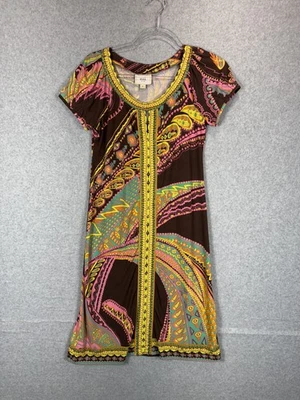 Vestido ECI New York Mujer 12 Marrón Paisley Boho Manga Corta Colorido Cuentas Foto 1 de 4