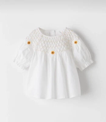 New Zara baby girl white smocked short sleeve daisy dress blouse top shirt 9-12m - Image 1 of 4