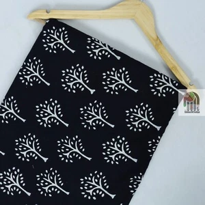 Indian Hand Block Black Floral Cotton Fabric Natural Print Sanganeri 1 Yard - Picture 1 of 5
