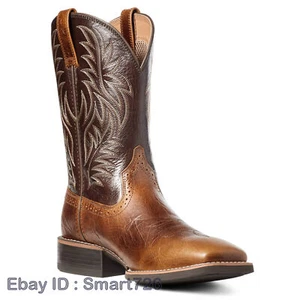 Mens Knight Embroidered Pull On Western Mid Calf Square Toe Cowboy Leather Boots - Picture 1 of 26