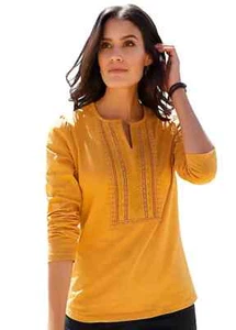 Womens Embroidered Lace Detail Top T Shirt Stretchy Mustard Yellow Size Uk 26 - Picture 1 of 7