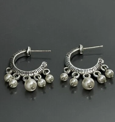 Brighton Women’s Hoop Earrings Pierced Silver Plated Etched Faux Pearls 1.25” - Image 1 of 4