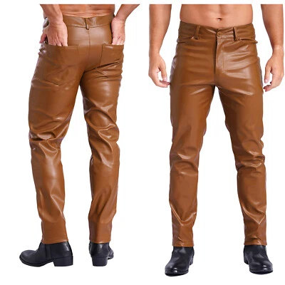 Men's Faux Leather Pants Rave Club Long Trousers Casual Stretch Straight Gothic - Image 1 of 3